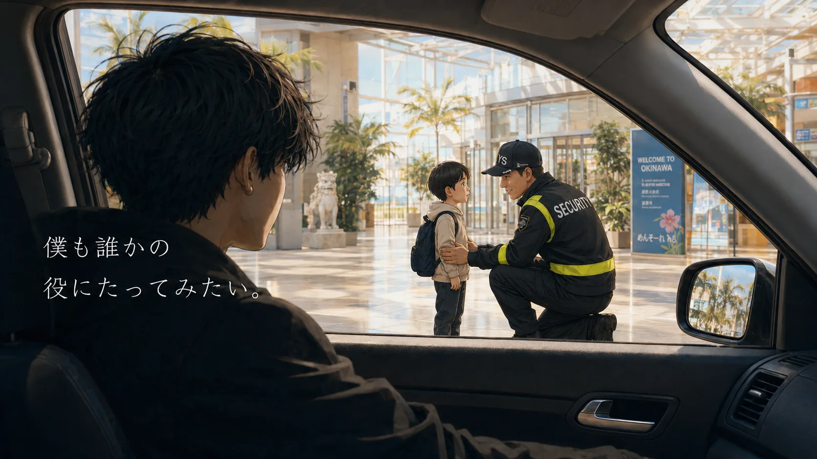 沖縄の施設で子どもに寄り添う警備員を車内から見つめる若者。僕も誰かの役にたってみたい。