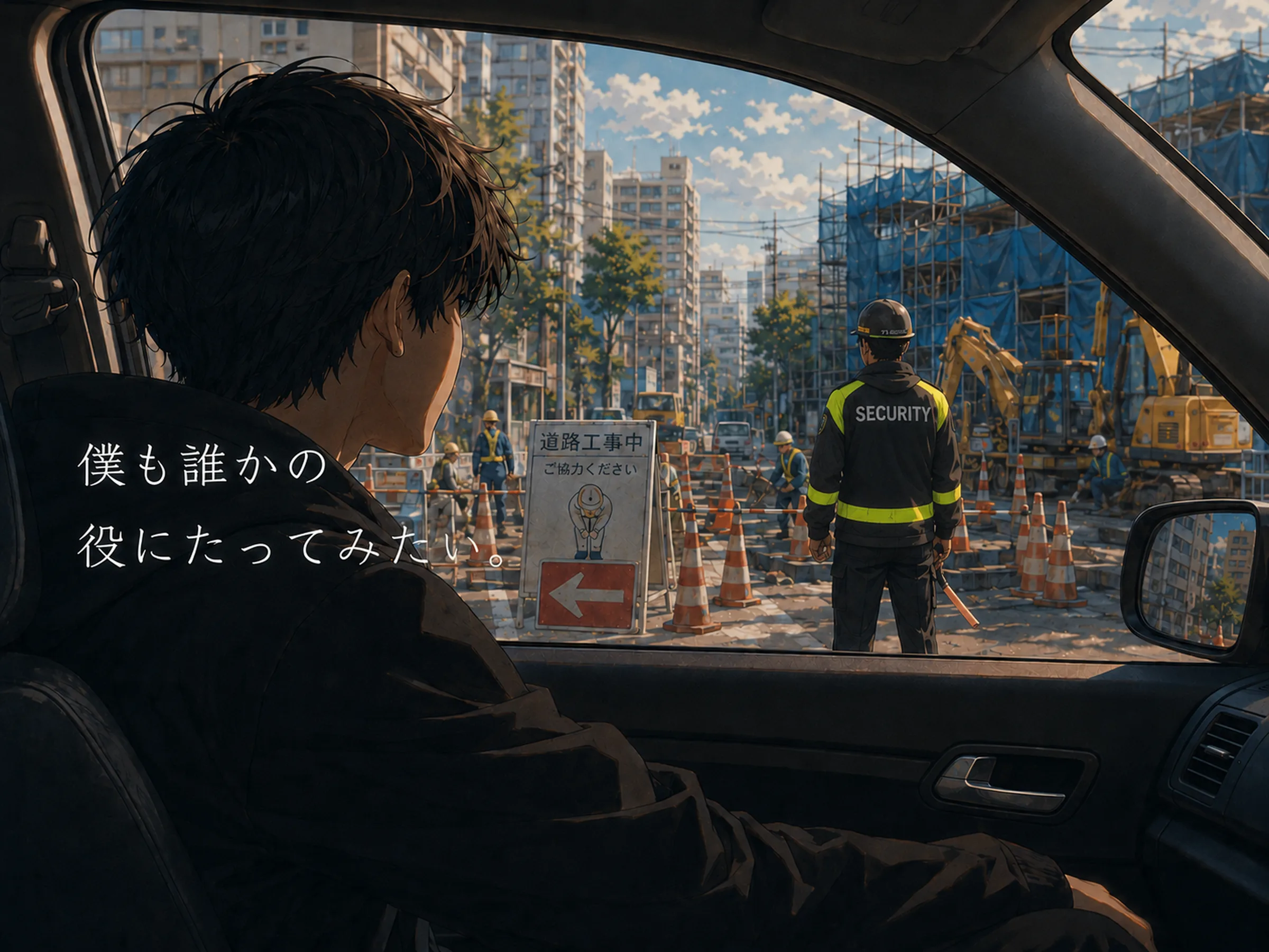 車内から道路工事現場の交通誘導警備員を見つめる若者。僕も誰かの役にたってみたい。